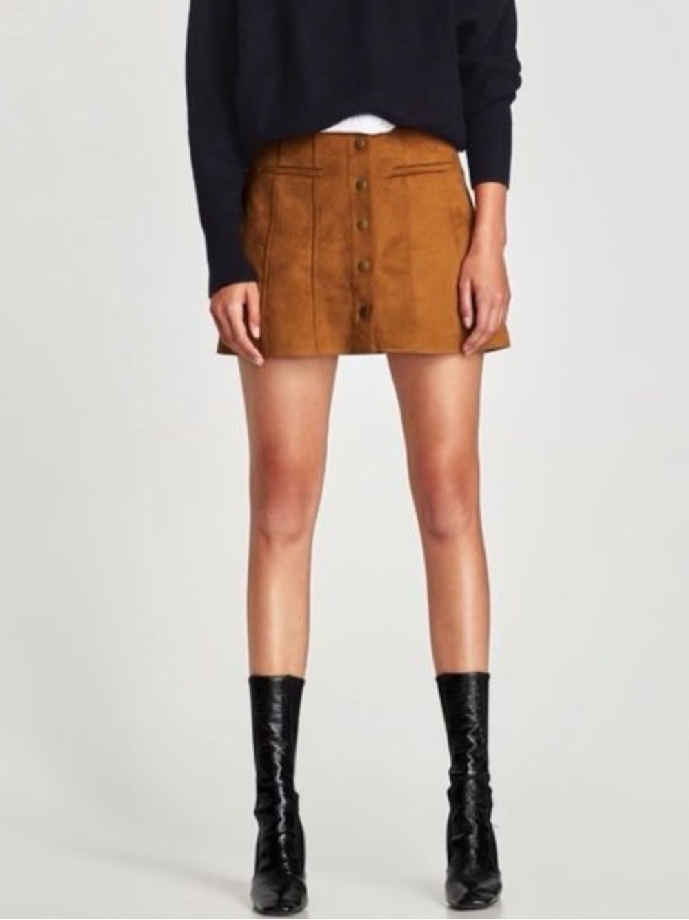 Tan brown Button-Front Faux Suede Skirt